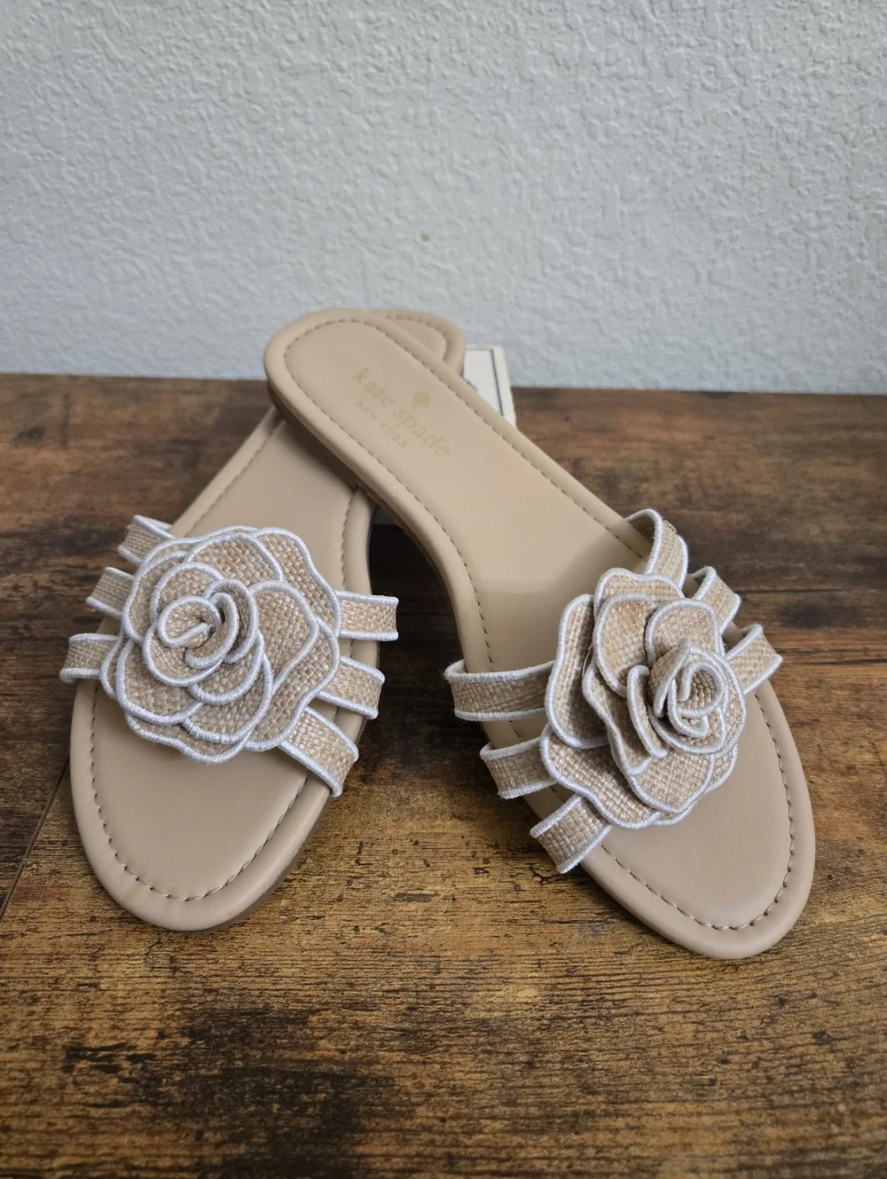 kate spade beige floral slide sandals with rosette detail